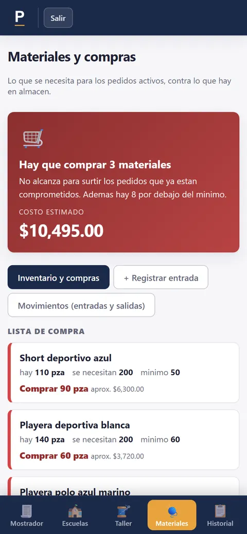 La misma información en el celular: aviso de los materiales que hay que comprar, con datos de ejemplo.