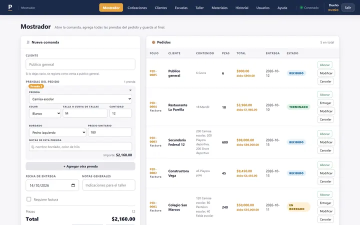 Pantalla de mostrador con datos de ejemplo: captura de un pedido con varias prendas y tallas, y la lista de pedidos con lo que debe cada cliente.